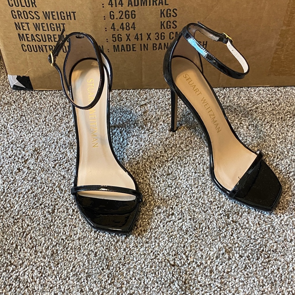 Stuart Weitzman Black Patent Ankle-Strap Stiletto Sandals - Sleek Square Toe